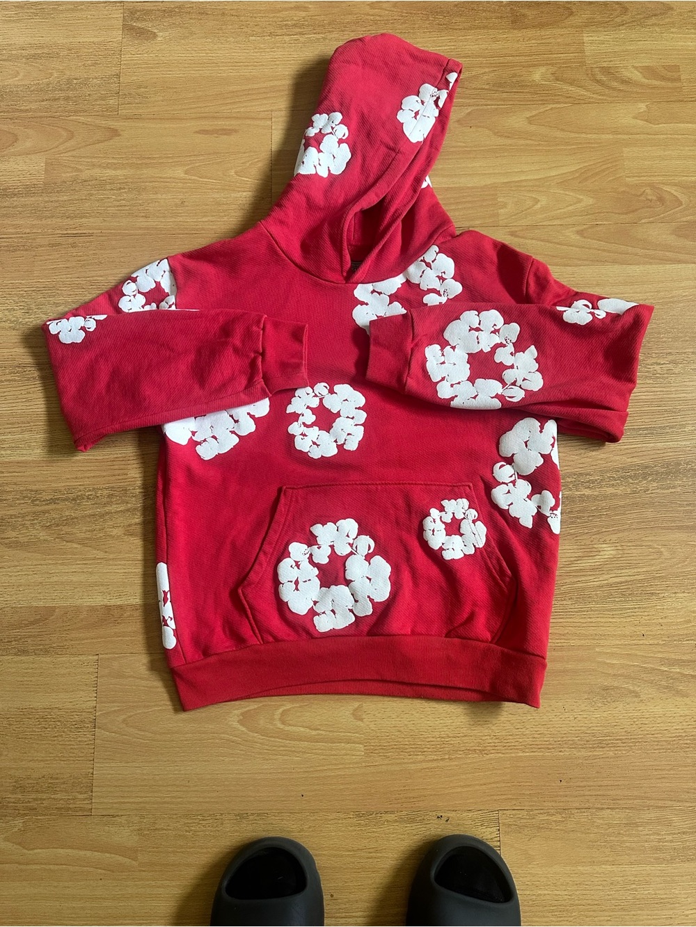 Red Hoodie with White Floral Ring Prints